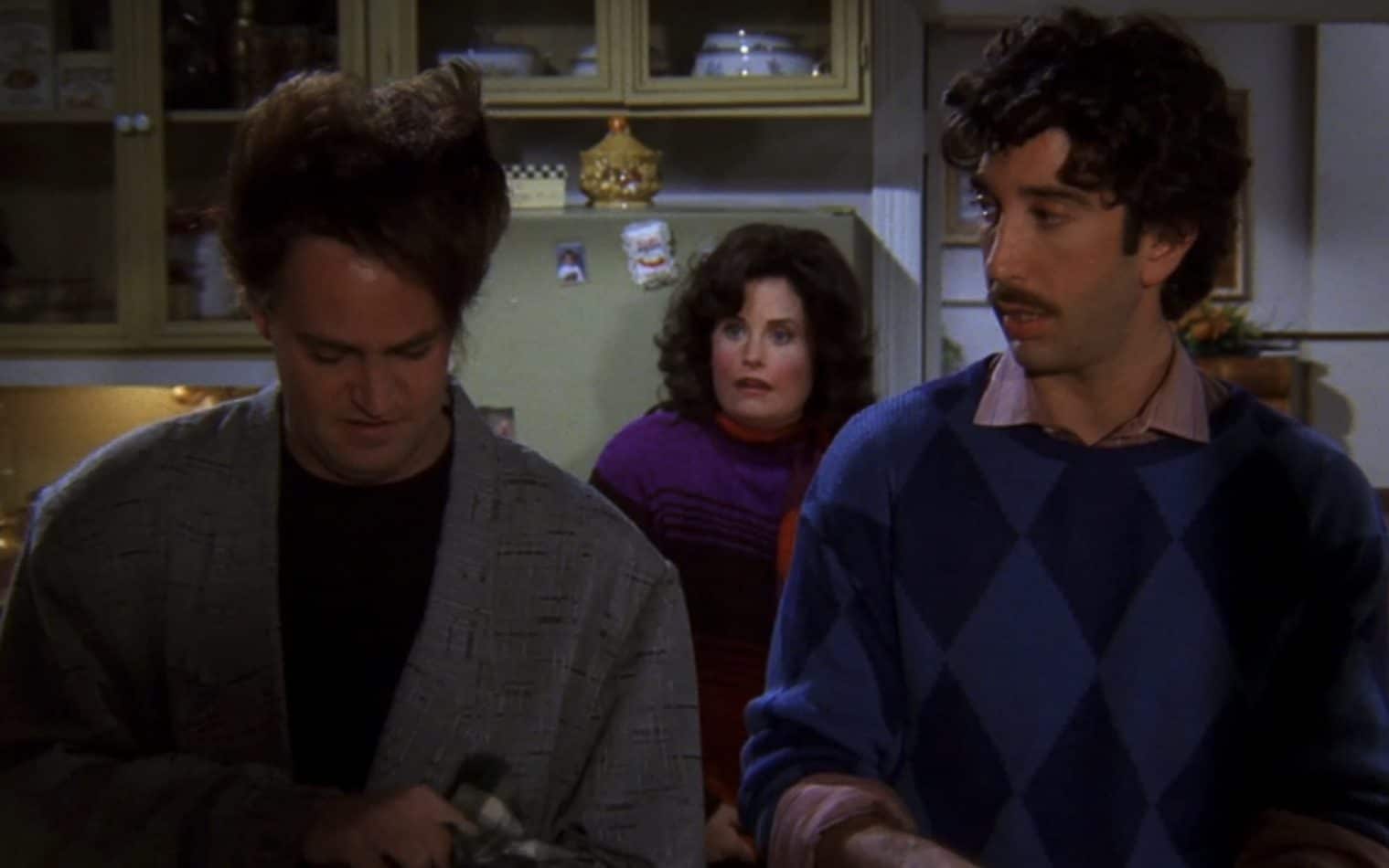 Friends TV show, flashback with Chandler, Monica, and Ross