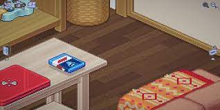 A cropped screenshot from the Unpacking game showing a DVD case sitting on a coffee table.