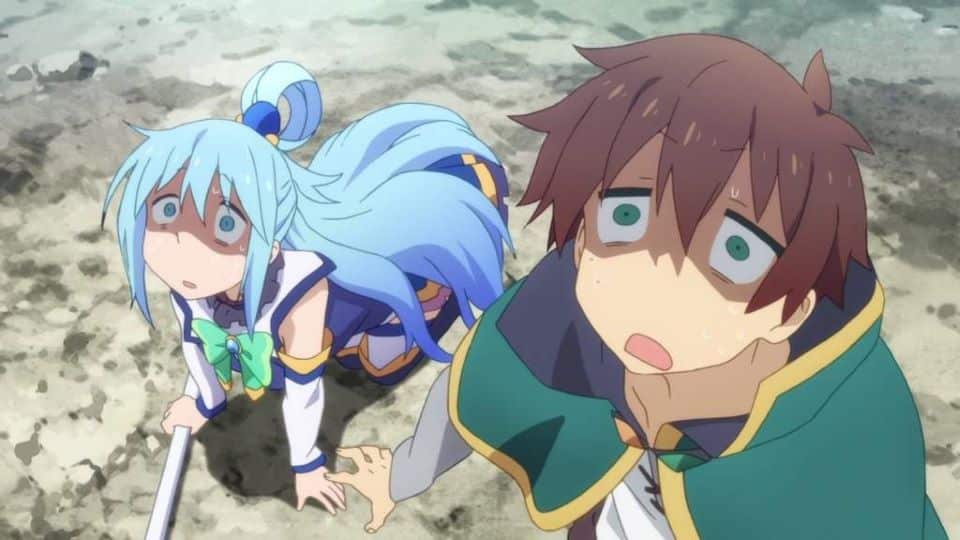 Konosuba characters Aqua, kneeling, and Kazuma, standing, both looking up at something, showing fear and shock.