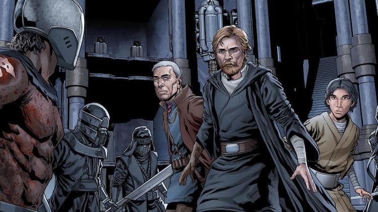 In this Marvel comic frame, Lor San Tekka, Luke Skywalker, and a young Ben Solo are surrounded by the Knights of Ren and have a defensive stance.