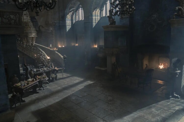 An overhead view of the ornate throne room in the Velaryon castle High Tide, full of trinkets and treasures from Corlys’ voyages.