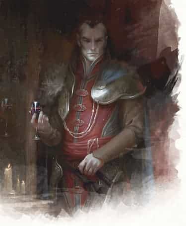 A painted portrait of Strahd von Sarovich in opulent garb holding a wine goblet.