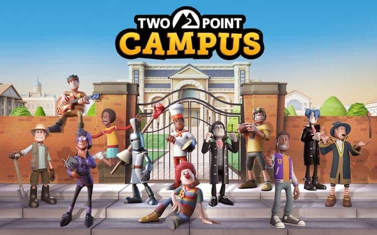 A selection of the students from Two Point Campus standing outside of the university gates. These include a clown, a football player and a wizard.