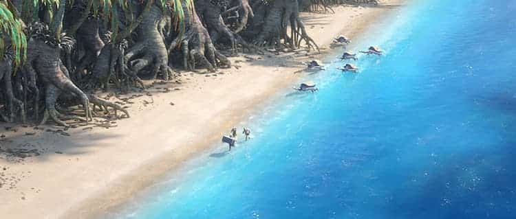 Wrecker, Hunter, and Echo  run down a beach while being chased by giant crabs. Wrecker is carrying a large container.