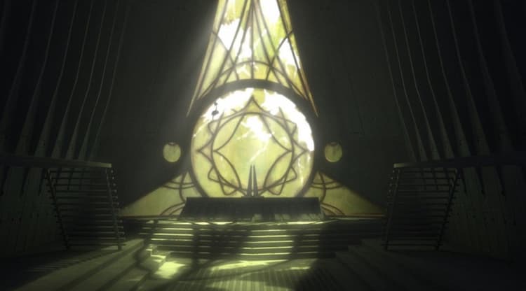 Count Dooku's old main room. The glass window is shattered and the shadowy room is covered in dust.