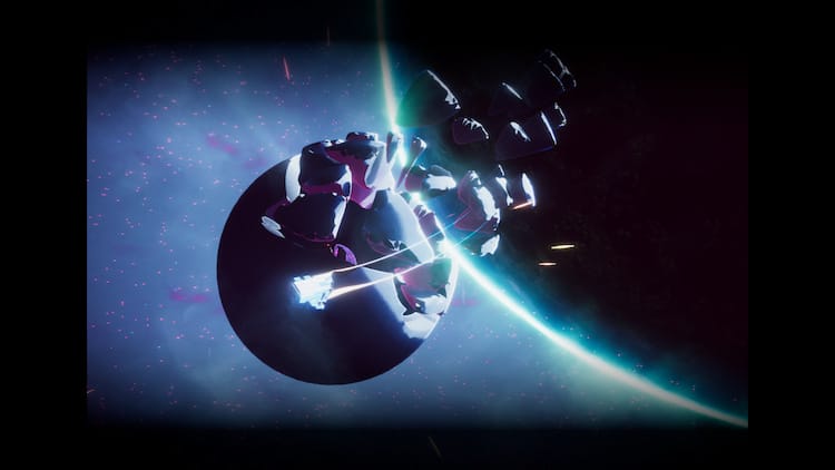 The moon of Petrichor V orbits the planet, shattered and floating through space. The spaceship containing the survivors of the events of the game flies off toward new frontiers.