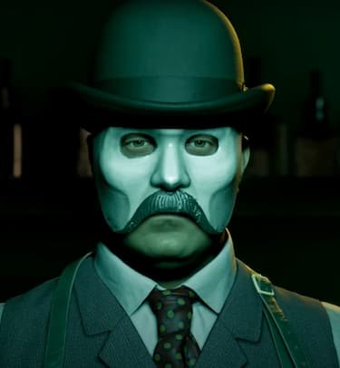 picture of the antagonist Du'met wearing a mask to hide is face, looking ominously into the camera