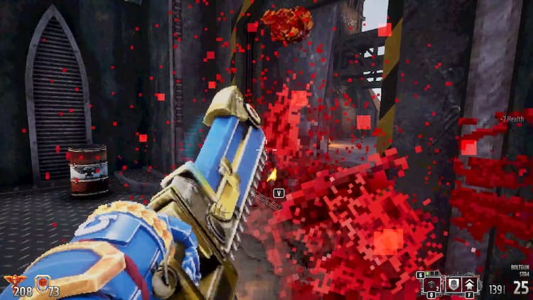 The chainsword shreds through a cultist in an industrial outpost on Graia. All that’s left is a fine red mist.