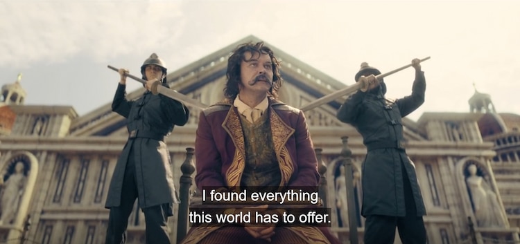 Gold Roger is on his knees while two guards have spears pointed at his back. Behind them is an extravagant building.