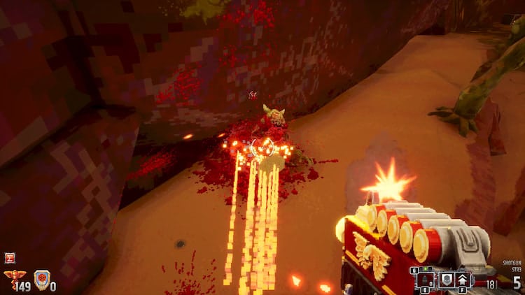 A shotgun shell blows a Lesser Plague Toad apart as the player navigates the deserts of the warp.