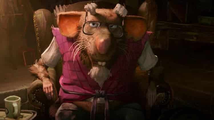 Splinter is sitting in a chair. He has a suspicious look on his face. A cup of coffee is to his right.