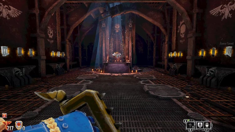 The titular Boltgun is illuminated in white light in the center of a darkened room. Ammunition lines the walls