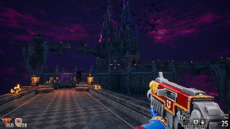 The dark cathedral floats out in the distance, highlighted by the brilliant purple corruption of the warp’s sky.