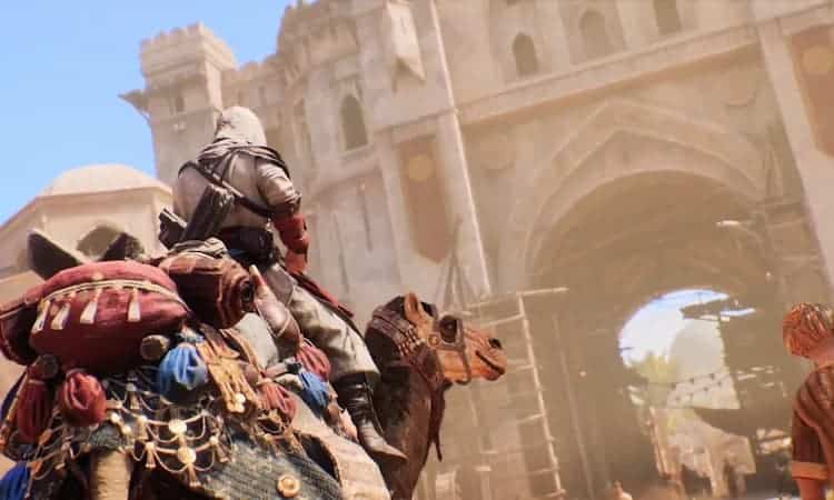 Basim is riding a camel into Baghdad. The camel has a variety of bags on them. People are entering and exiting the city through the main gate.