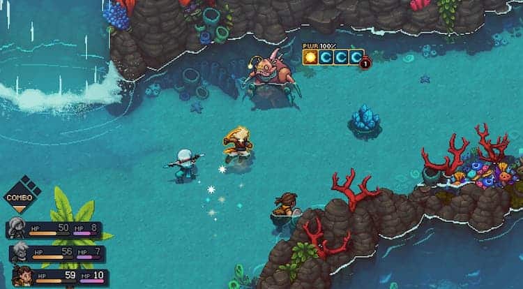 Zale, Valere and Garl fight two monsters in a stream with a waterfall in the background