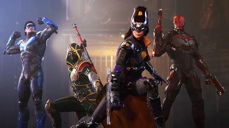 Four armored vigilantes striking a battle pose