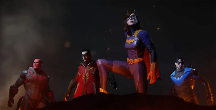 Four costumed vigilantes stand atop a hill looking out