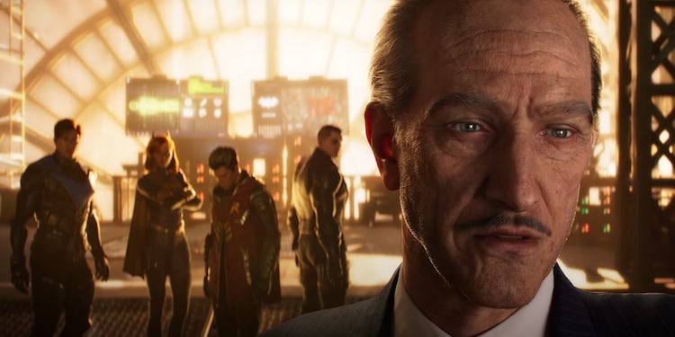 An old man stands sullen in front of four costumed characters in a clock tower hideout