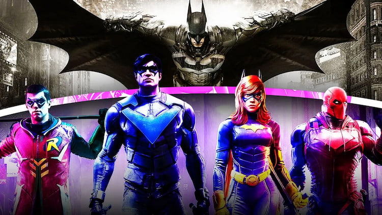 A bat theme vigilante flies over four others