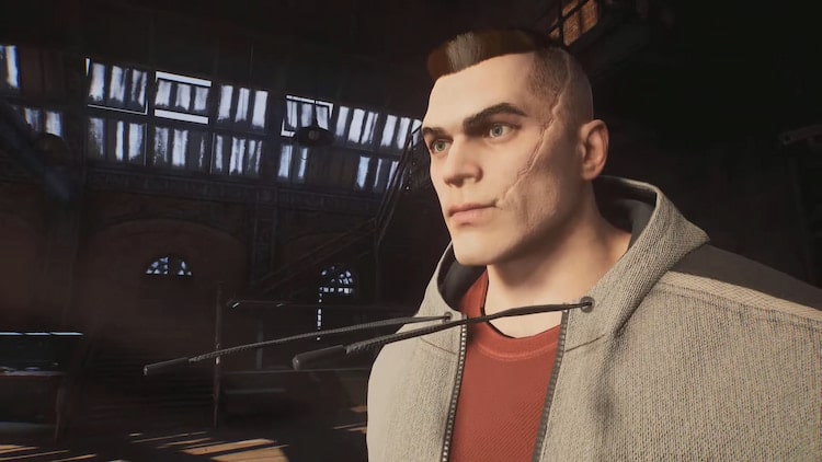 A big bulky man in a hoodie with floating drawstrings