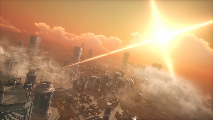 The sun is glaring. Dust is covering the buildings. Various abandoned buildings are covered in sand in the background.