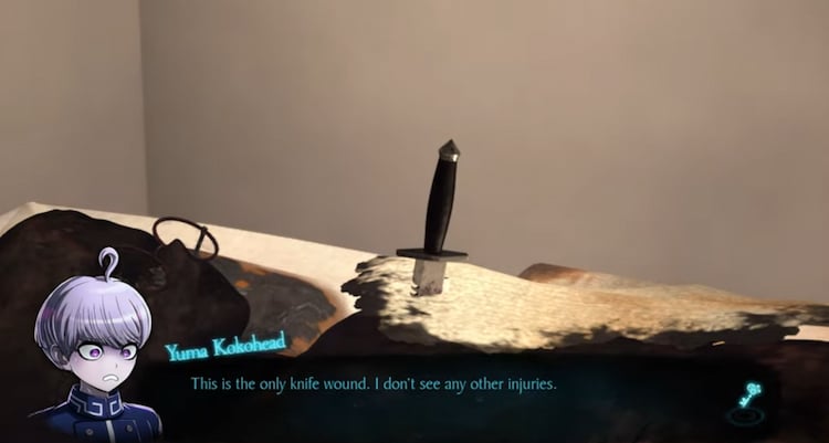 Yuma mentions there being no other wounds as a knife sticks out of a charcoal burned body.
