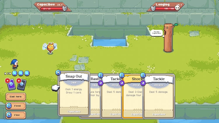 A Capacibee Spirit fights a Longlog Spirit. The player is choosing the Snap Out card from their hand.