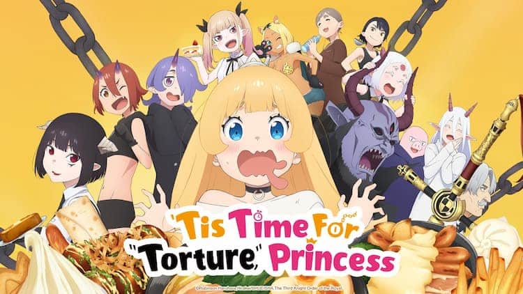 A young girl is looking at food and has an excited look on her face. Various characters are behind her, and they all have their mouth open. Chains are crossing in the background.
