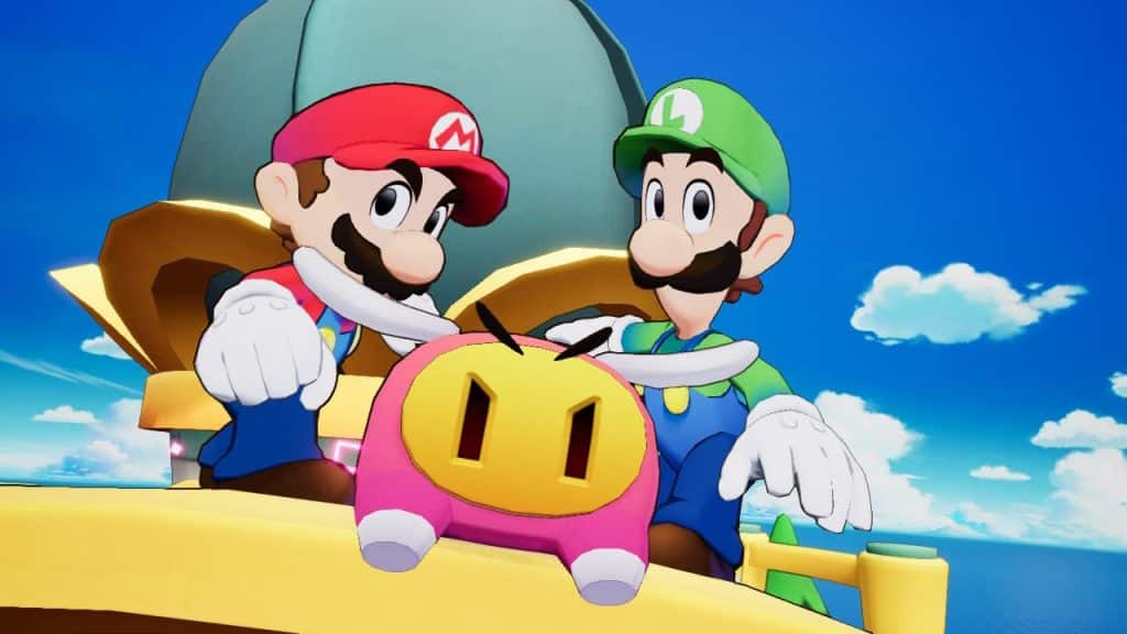 Mario, Luigi, and Snoutlet are riding a Lighthouse plug. They all have determined looks on their faces as they look forward. The sky has clouds rolling across it. The ocean is also in the background.