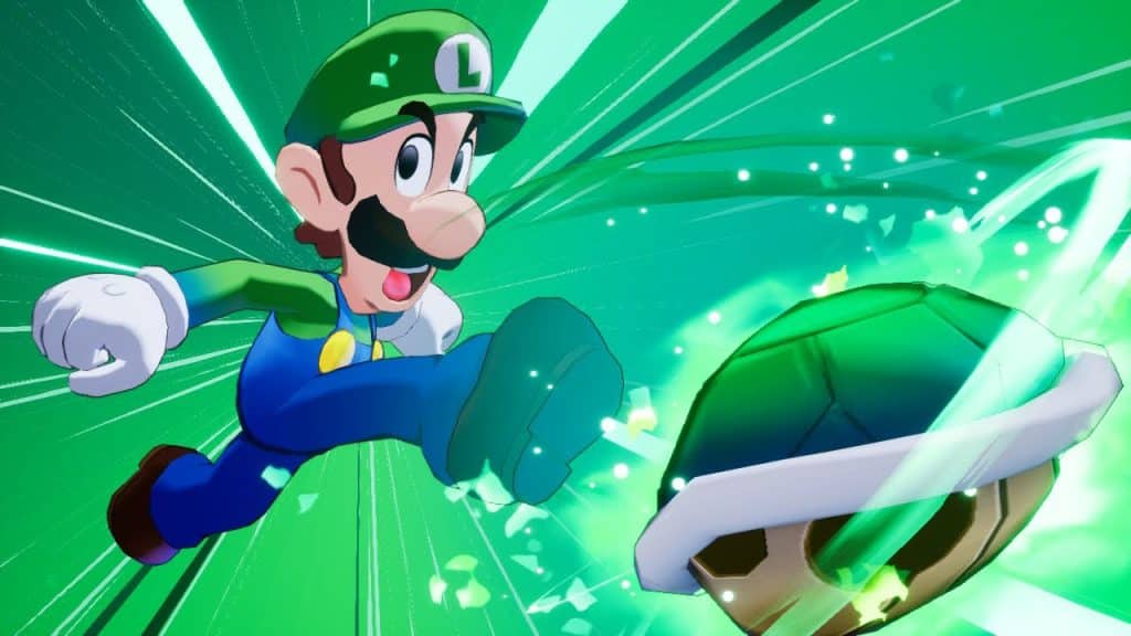 Luigi is kicking a green shell. He has a determined look on his face as he kicks the shell with his right foot. The green shell is spinning away from Luigi. The background is completely green.