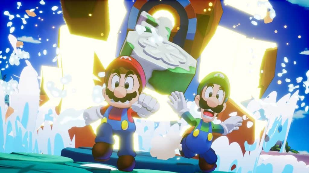 Mario and Luigi are running away from debris falling into the water. They both look terrified. Debris is falling into the water and causing it to splash violently. A bright light is on some of the debris pieces.