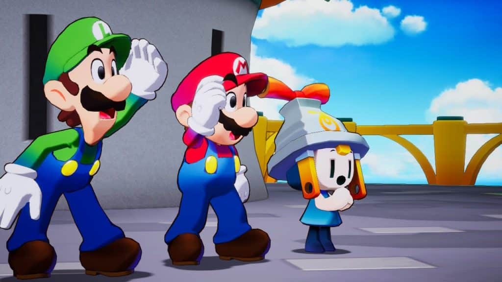 Luigi, Mario, and Connie are standing at the top of a Great Lighthouse. All three of them are looking ahead in shock. Luigi and Mario are holding their hats, and Connie is holding her hands together. It's during the day, and clouds are rolling across the sky.